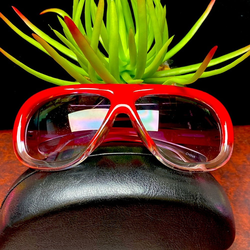 Vintage Retro Red Clear Oversized Aviators Sunglasses